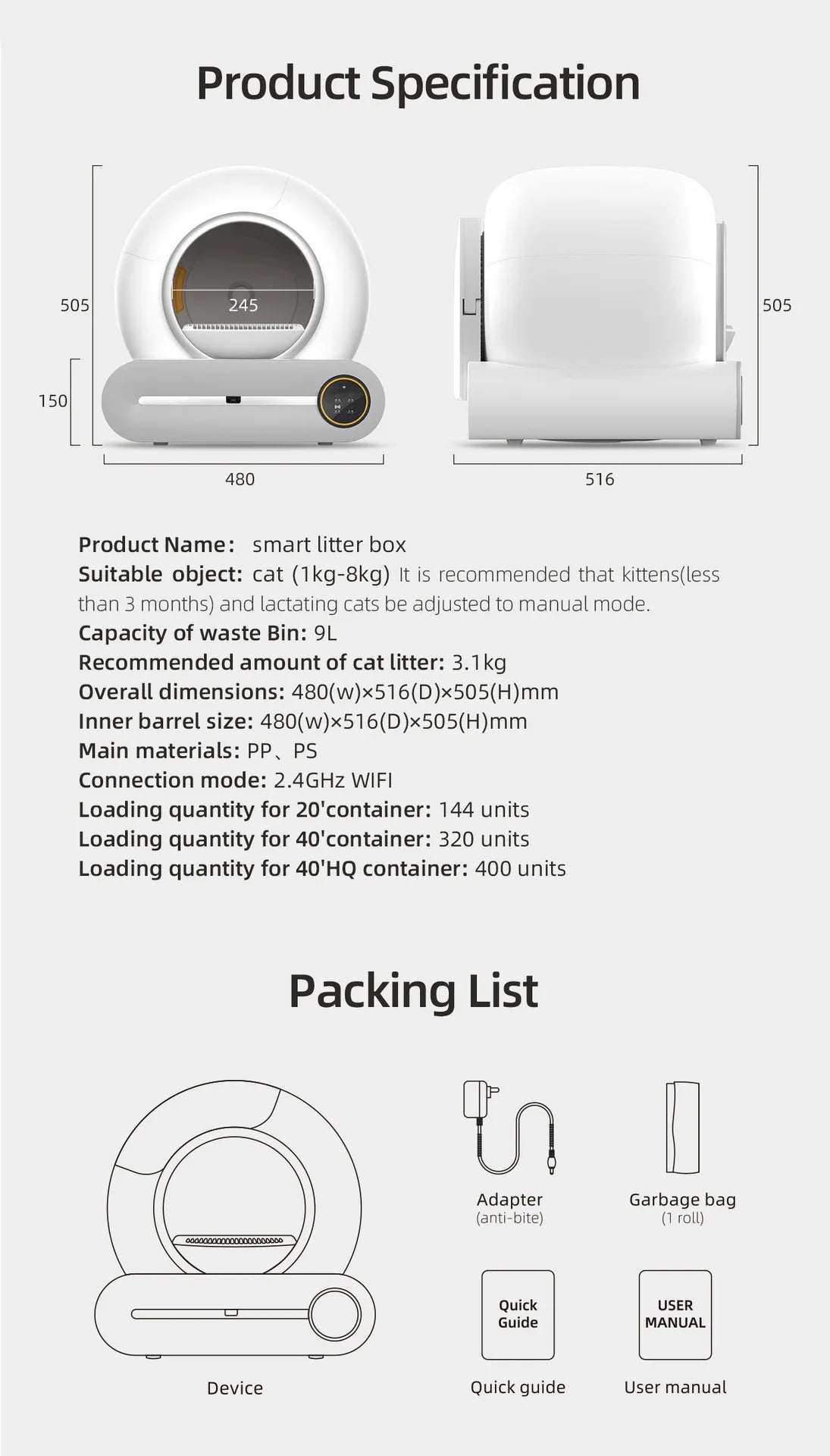 Tonepie Automatic Smart Cat Litter Box Self Cleaning 65L App Control Pet Cats Toilet Litter Tray Ionic Deodorizer Arenero Gato