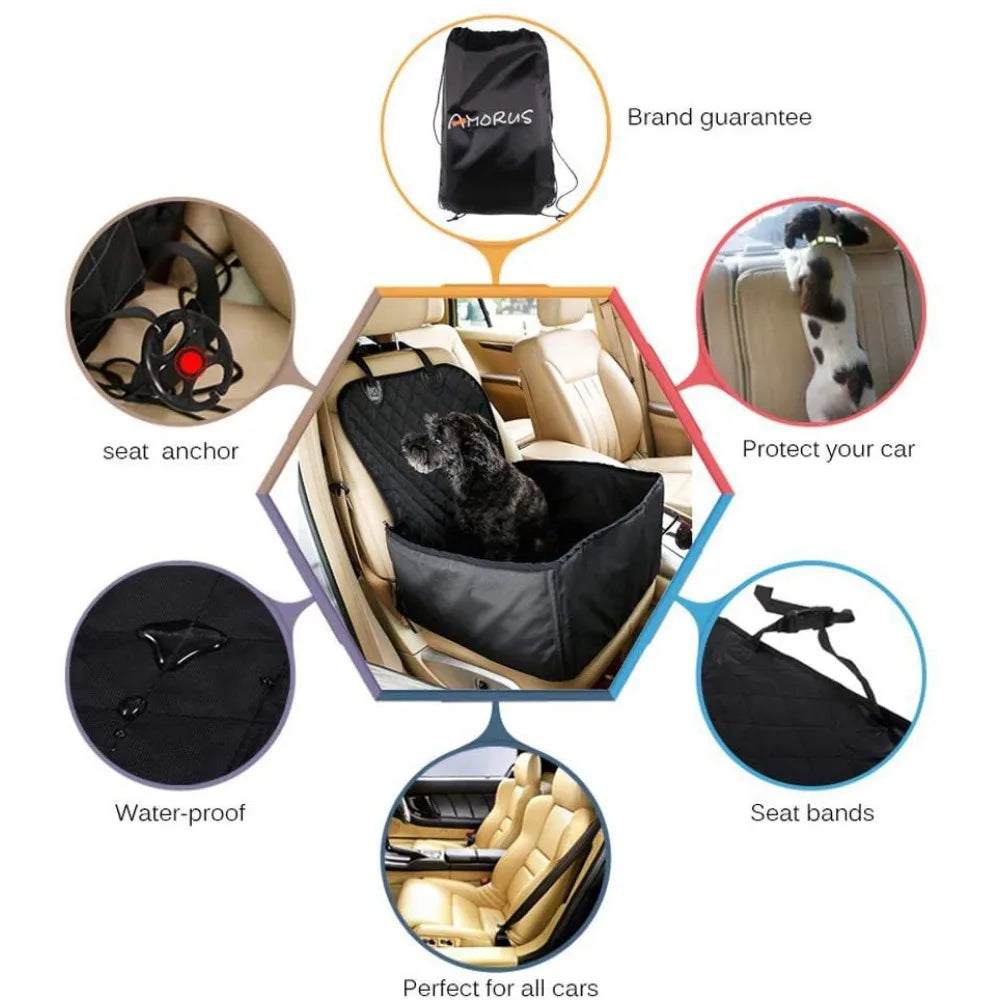 Fabric dog car seat cover, quilted, waterproof, anti slip, suitable for pet height increasing seats in cars, trucks, and SUVs